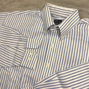 Jos A Bank Linen Traveler Collection Blue White Stripe Button Down Shirt Size L - Picture 1 of 7