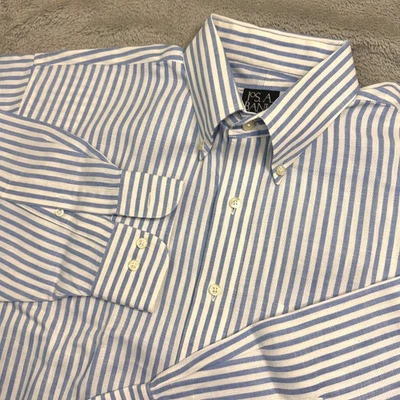Jos A Bank Linen Traveler Collection Blue White Stripe Button Down Shirt Size L - Image 1 of 4