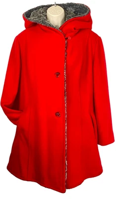 Vintage 1980s red hooded jacket wool coat gray faux fur lining JULI DE ROMA hood - Image 1 of 4