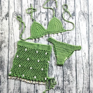 Summer Beach Vacation Handmade Crochet Shell-Trimmed Boho Chic Bikini Skirt Set - Picture 1 of 11