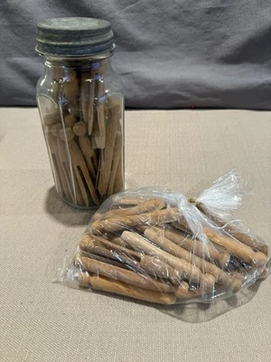Vintage Wooden Clothespins Lot With Vintage Glass Jar Laundry Crafts Primitive - Image 1 of 4