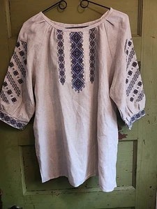 Rumänische bestickte Bluse beige blau weiß schwarz Hemd Leinen Trachten Gr. 46 - Bild 1 von 13