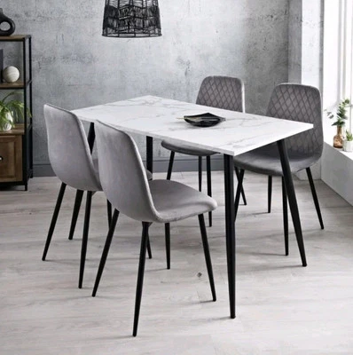 Zurich 5 Piece Marble Gloss Finish Dining Table and Velvet Chairs Sets in Grey - Image 1 of 4