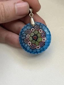 Millefiori Pendant Vtg Round Multicolor Blue Heart 18k Plated - Picture 1 of 5
