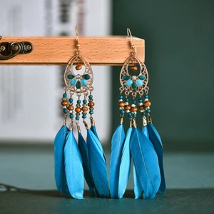 Pendientes étnicos bohemios con flores para mujer Pendientes de borla de plumas de color bohemio vintage - Imagen 1 de 16