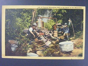 Moonshine Still Mountains Bootleggers Linen Postcard c1930-50 Vintage VTG - Picture 1 of 2