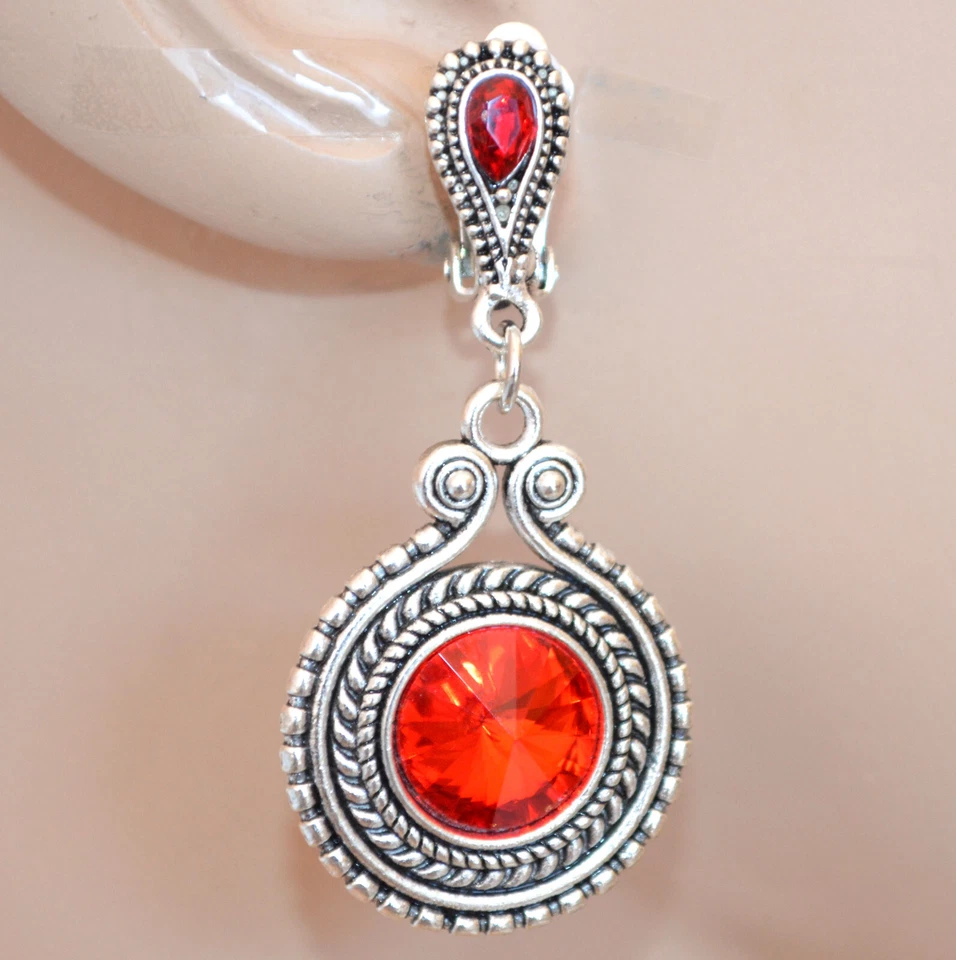 Orecchini donna a clips argento cristalli rossi pendenti etnici cerchi UW41 - Immagine 1 di 1