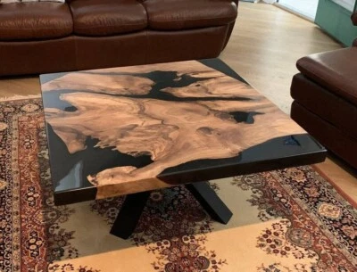 Walnut Wooden Epoxy Square Black Smoke Epoxy Coffee Table Top,Living Room Decor - Image 1 of 4