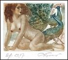 David Bekker Exlibris C4 Erotic Erotik Nude Nudo Woman Peacock Bird Pfau d110