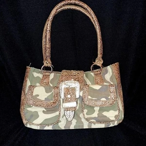 BHW CAMO  RHINESTONE WESTERN COWGIRL BOHO CARRY HANDBAG - Picture 1 of 5