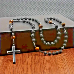 Santo Rosario, Roca Volcánica 10 mm Amarillo Ojo de Tigre Negro Piedra Bial Cruz Religiosa - Imagen 1 de 1