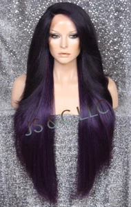 Peluca frontal de encaje completo mezcla de cabello humano de 38" largo calor OK mezcla púrpura WEPC - Imagen 1 de 5