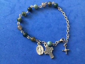 Custom Moss Opal Rosary Bracelet St BRIDGET CROSS Celtic Stainless Chain 6mm - Picture 1 of 4