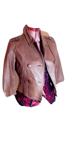 NEW LOOK TAN Real Soft LEATHER Cropped JACKET uk12eu38us8 Chest c34ins c86cm - Picture 1 of 7