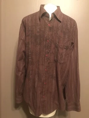 Point Zero Mens Shirt Size L Brown Stripe W/ Design Long Sleeve Button Front - Image 1 of 4