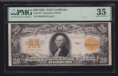 US 1922 $20 Gold Certificate FR 1187 PMG 35 VF (199) - Image 1 of 2