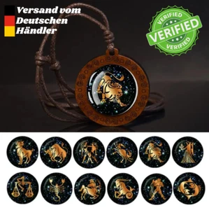 Sternzeichen Halskette mit Anhänger Holz rund Horoskop Schmuck Tier Damen Herren - Bild 1 von 16