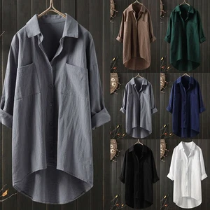 Plus Size Womens Cotton Linen Shirt Ladies Casual Baggy Loose Long Blouse Tops - Picture 1 of 16