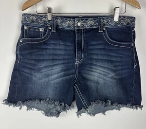 Grace in LA Cut Off Jean Shorts Womens Sz 34 Blue Aztec Embroidered Pocket - Picture 1 of 13