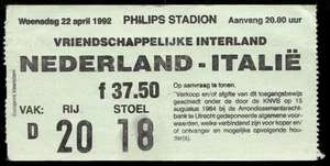 Ticket 1992 Niederlande vs. Italien Freundschaftsspiel 21098 - Bild 1 von 2