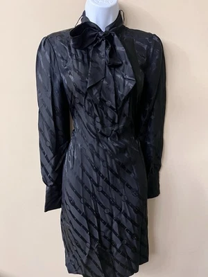 BANANA REPUBLIC m Silk Dress Black Equestrian Horse Bit Tie Neck Satin Print - Image 1 of 4