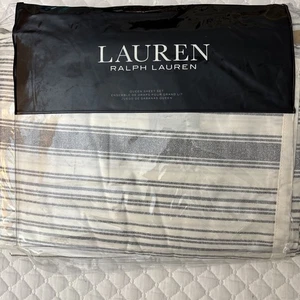 Lauren Ralph Lauren Queen 3 Pc Sheet Set 100% Cotton Stripped Grey Open Box - Picture 1 of 6