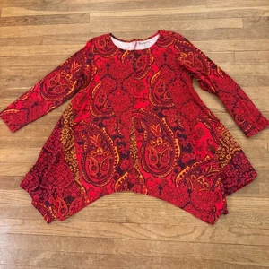 Roaman's red gold paisley a-line long sleeve tunic mini dress size 14 b32 - Picture 1 of 4