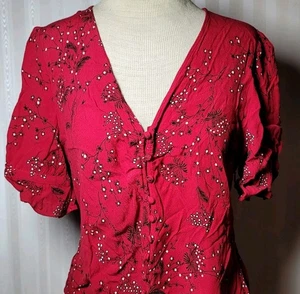 Top Madewell Mujer Talla 8 Rojo Floral Botón Frontal Cuello en V Manga Corta Volantes Usado en Excelente Condición  - Imagen 1 de 7