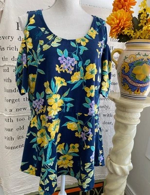 Top túnica Isaac Mizrahi tropical floral hombro frío peplum azul marino L nuevo Foto 1 de 4