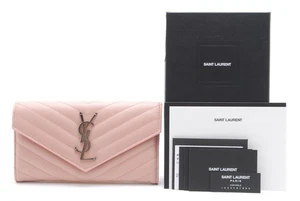 Saint Laurent Long Wallet Purse YSL Leather V stitch Pink Beige - Picture 1 of 14