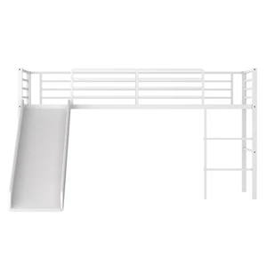 Twin Metal Loft Bed w/Slide Guardrails Built-in Ladder Low Bed Frame White - Picture 1 of 8