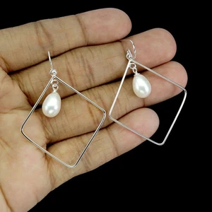 925 Sterling Silver Earrings Drop Pearl 11x8mm Natural Gemstone Jewelry - Picture 1 of 13