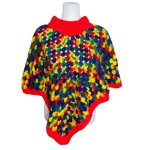 Vintage 70er Handmade Poncho Grobstrick Kinder One Size bunt Pullover Schal - Bild 1 von 9