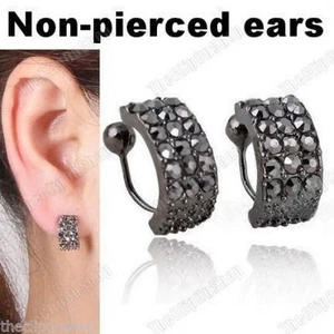 U CLIP ON gunmetal black HUGGIE CRYSTAL studs STUD EARRINGS hematite rhinestone - Picture 1 of 5