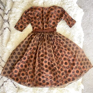 1950's VINTAGE Fit N Flare Polka Dot Chiffon Party Dress w/ Bow Belt - Picture 1 of 6