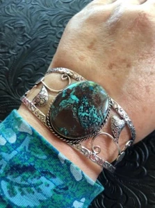 Chrysocolla Cuff Bracelet, Heart & Flower (fits wrist 6.5”-8") Artisan Southwest - Picture 1 of 3