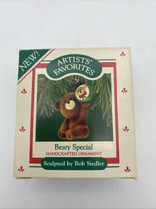 Vintage 1987 Hallmark Fuzzy Brown Bear Holding Christmas Ornament Beary Special - Picture 1 of 5