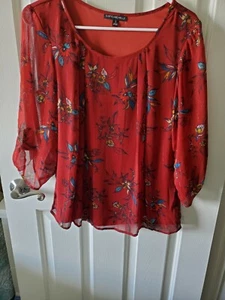 Sara Michelle Women's Blouse Red Sheer Floral Metallic Accent Lined Size Small - Picture 1 of 8