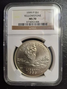 1999 P YELLOWSTONE COMMEMORATIVE SILVER DOLLAR NGC MS70 BROWN LABEL - Picture 1 of 2