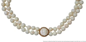 Double Strand 8mm Angel Skin Coral Beaded 14k Yellow Gold Cameo Pendant Necklace - Picture 1 of 8