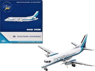 Avión comercial Saab 340B Eastern Express (N407BH) blanco con rayas azules Foto 1 de 4