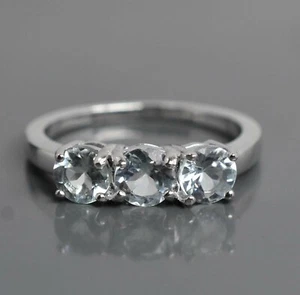 925 Sterling Silver 5 MM Round Cut Aquamarine Natural Gemstone Three Stone Ring - Picture 1 of 6