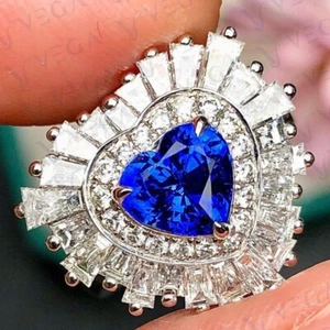 5.00Ct Heart Shape Natural Sapphire & Diamond Wedding Ring 18K White Gold Plated - Picture 1 of 16