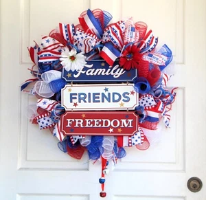 Patriotic Mesh Wreath, Family Friends Freedom Door Decor - Picture 1 of 6