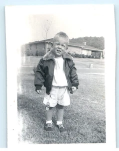Vintage Photo 1952, 2 year old w/ Jacket on Lawn, 4.25x3.25 - Picture 1 of 2