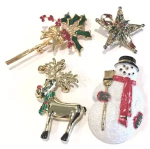 4 Christmas Pins Reindeer Snowman Star Holly Gold Tone Vintage - Picture 1 of 5