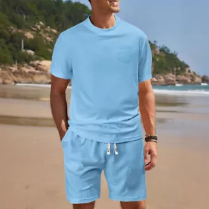 Nuevo Conjunto de trajes informales deportivos de verano para hombre sueltos finos gofre manga corta + pantalones cortos - Imagen 1 de 31