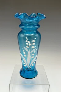 Antique Blue Vase 8" Hand Blown Glasss Painted Enamel Flowers - Picture 1 of 5