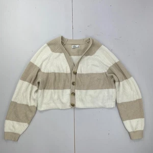 HOLLISTER Cardigan Small Beige Womens Knit V-Neck Button Cropped Jumper Stripe - Picture 1 of 17