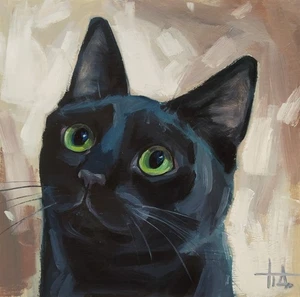 Dipinto olio originale ritratto gatto nero 6x6 pollici firmato dall'artista - Foto 1 di 6